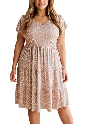 Image of Celkuser Womens Plus Size Summer Casual Midi Dress Short Ruffle Sleeve Tiered Empire Waist T-Shirt Dress with Pockets