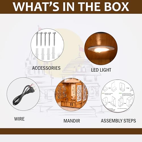 Image of Rousrie Wooden Temple Mandir for Home with Door Cabinets | Beautiful Pooja Unit with Storage Space | with LED Light and Wall Mounts | Pooja Mandir for Home Big Size (H-22, L-16.5, B-10.6 inch)