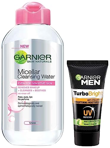 Image of Garnier Skin Naturals, Micellar Cleansing Water, 125ml & Garnier Men, Moisturiser, Brightening and Anti-Pollution, TurboBright, 40 g