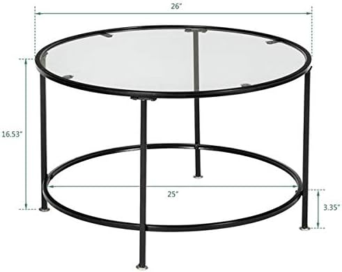 2 Layers 5mm Thick Tempered Glass Round Table, Countertops Round Wrought Iron Coffee Table, Home Office Furniture Creative Design Table for Living Room, Black