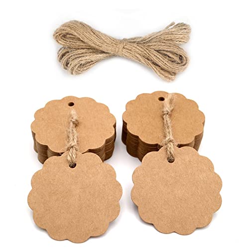 100pcs Etiquetas de Papel Kraft Redondas Flor 6cm para Bodas/Navidad/Fiesta, Manualidades, con 30M Cordel de Yute (marrón)
