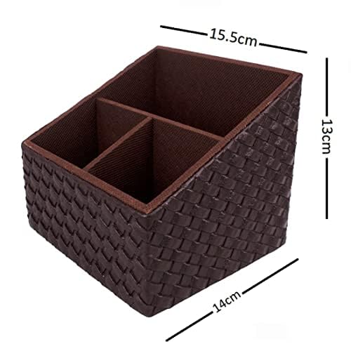 Image of Premsons Remote Holder - 3-Compartment Braided Vegan Leather Organizer | Leatherette Stationery & Remote Stand for Living Room, Office, Bedroom, Kitchen - Brown
