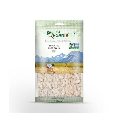 Image of Just Organik - Organic Rice Poha 2 Kg,(4 x500 g), certified Organic | chiwda | Indori poha | healthy breakfast |flattened rice | Atukula | rice flakes | Pack of 4