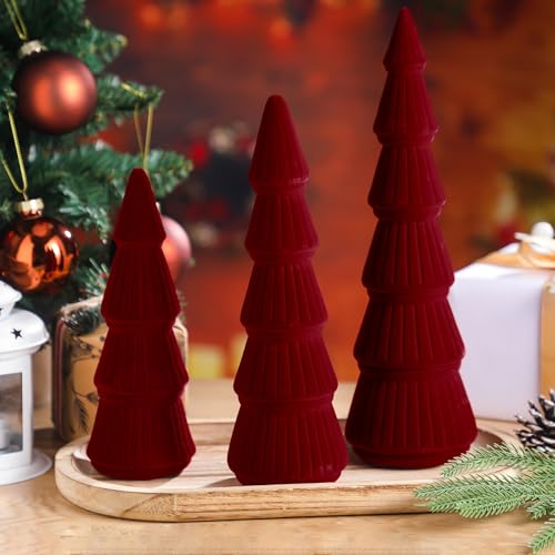 Bucherry 3 PCS Velvet Christmas Tree Figurines Decoration - 8" 10" 14" Modern Cone Christmas Tabletop Home Rustic Centerpiece Set for Winter Holiday Mantel Entryway Party Decor(Burgundy) by Bucherry - Image 6