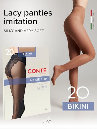 Image of Conte French Cut Sheer Pantyhose Tights with Lace Top Panties Bikini 20 Den
