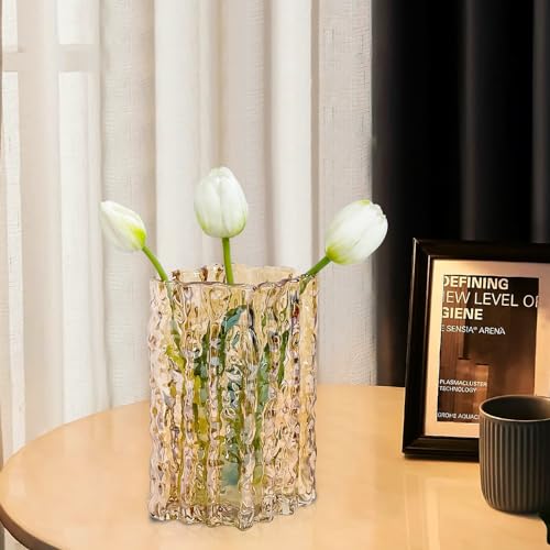 Aoderun Glass Vase Crystal Vase Heavy Duty Large Flower Vase for Dining Table Kitchen Office Home Shelf Wedding Living Room Centerpieces(Amber)