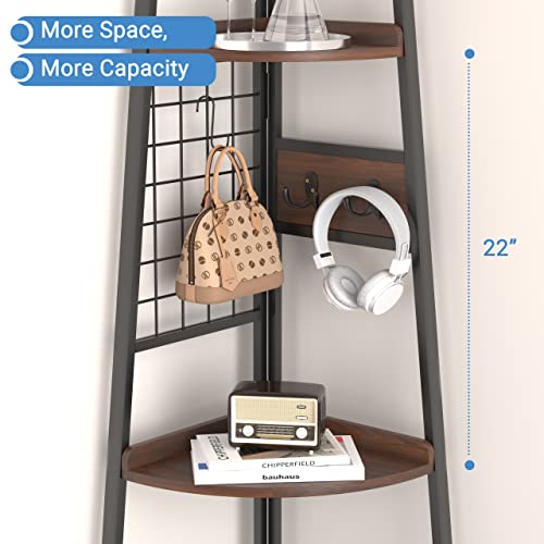 Kingfun 72 Inch Corner Shelf, 5 Tier Tall Corner Bookshelf With Hooks, Wood & Metal Corner Bookcase, Corner Ladder Shelf Decor For Living Room, Bedroom, Bathroom, Kitchen, Home Office (Brown) #TOP1