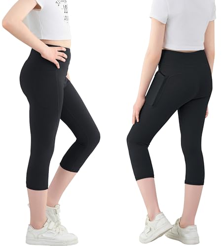 Girls Athletic Capri Leggings, Kids Yoga Pants with Pockets, Teen Girls Stretch Dance Running Workout Pants2