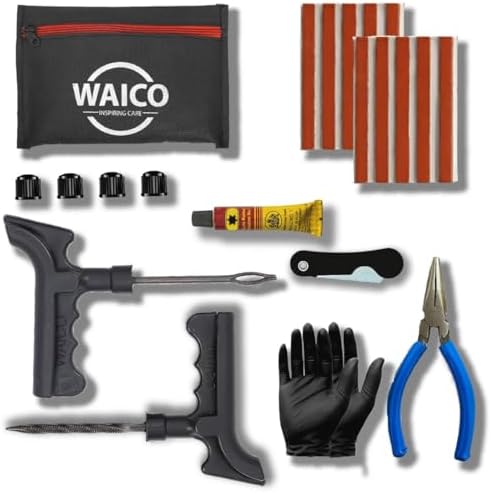 WAICO 8 in 1 Tubeless Tyre Puncture Kit | Probe, Reamer, Knife,10 Rubber Strips, Valve Cap,Gloves, Plier, Storage Bag, | Emergency Flat Tire Repair Tool Bag for Car, Bike, SUV & Motorcycle.
