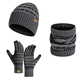 Matériau de Haute Qualité: L'ensemble bonnet, écharpe et gants d'hiver pour hommes est fabriqué en fibres acryliques douces. L'intérieur est fait de tricot acrylique doux et de doublure en molleton artificiel, ce qui permet de garder vos mains, vos oreilles, votre visage et votre cou au chaud par temps froid.