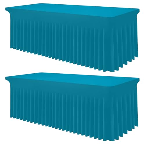 Image of Smiry 2 Pack Spandex Elastic Fitted Table Cloth Skirt for 6FT Table | Stretch Washable Table Cloth, Banquet Table Cover for Wedding, Party, Indoor & Trade Shows, (Turquoise, 72Lx30Wx30H)