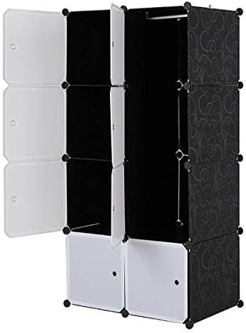 Yuzee 8 Cube Organizer Stackable Plastic Cube Storage Shelves Design Multifunctional Modular Closet Cabinet with Hanging Rod White Doors and Black Panels