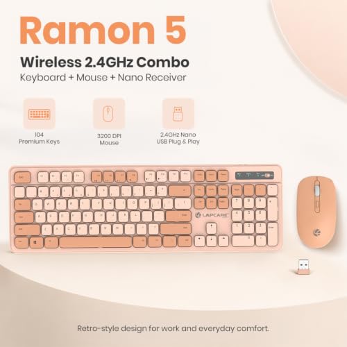 Image of Lapcare Ramon 5 Wireless Keyboard & Mouse Combo WL-108 | 2.4GHz Wireless | 104 Keys with 12 Multimedia Shortcuts | Adjustable 3200 DPI Mouse | Nano USB Receiver | Retro UV Printed Keys