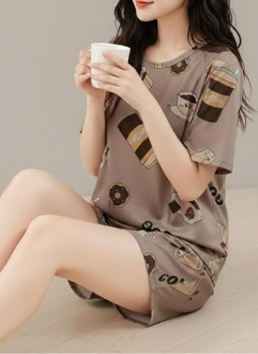 Image of SMOWKLY Women Korean Shorts Pajama Set |Summer Night Top & Shorts Dress |Cotton Blend Nightwear Set Top & Shorts Sleepwear Lounge Wear Soft Comfortable Night Suit Ladies | Co-Ord Home Wear Set