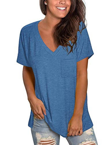 V Neck T Shirts for Women Short Sleeve Soft Tees Tops Basic Tshirts Blue 2XL