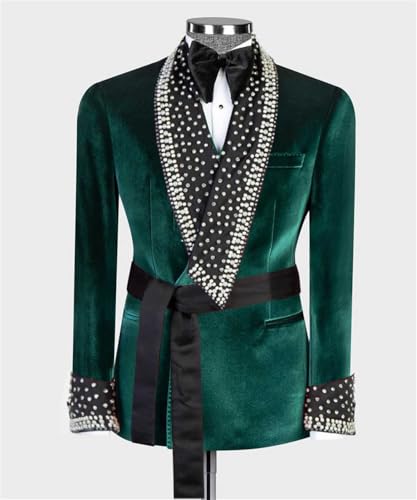 2 Pieces Velvet Men Suit Shawl Lapel Shiny Rhinestone with Belt Slim Fit Blazer Jacket Pants for Prom,Party,Dinner2