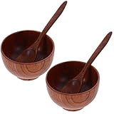 INOOMP Juego de Cuencos de Madera Japoneses para Servir 4 Piezas, Tazones Grandes para Arroz y Sopa, Cucharas de Madera Ligeras y Resistentes, Aptos para Cocina y Comedor, Diseño