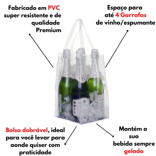 Sacola Para Bebidas Com Alça Resistente Coloque Gelo Pvc Transparente Armazena 04 Garrafas de Vinho/