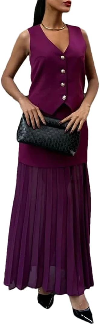 Women's V-Neck High-Waisted Two-Piece Suit Spring Summer European Spliced Skirt and Vest Set