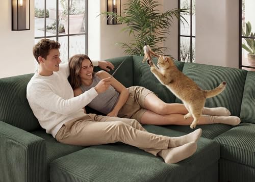 Image of HONBAY 83.4 Inch U-Shaped Sectional Sleeper Sofa with Pull-Out Bed, 5-Seater Sectional Sofa for Living Room, Pet-Resistant Corduroy Couch, Green