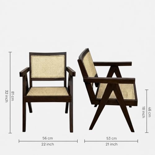 Image of Sainistree Furniture | Solid Sheesham Wood Rattan Armchair | Teak Brown Finish, Cane Back & Geen Upholstery | Mid-Century Modern Accent Chair for Living /Dining Room (Pair of 2, Rattan Walnut)
