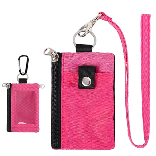 Image of MASAPHlL Small Lanyard Wallet for Women /Men with RFID Blocking ID Card Wallet, Minimalist Nylon Zipper Pouch, Travel Neck Wallet with Keychain, ID Window for Card,Coin,Cash (Rose+Light Rose)