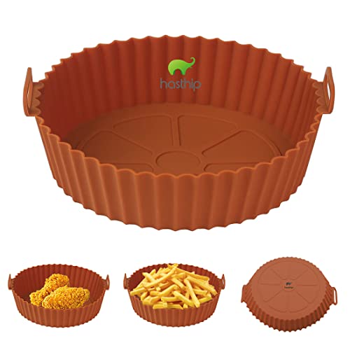 HASTHIP® Air Fryer Reusable Silicone Pot, 6.8 inch Non-Stick Silicone Air Fryer Liners with Ear Handles, Air Fryer Accessories, Round Air Fryer Oven Pot Foodgrade Silicone Heat Resistant (Brown)