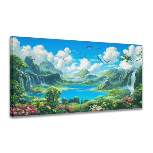 Framed Tropical Waterfall Wall Art, Blue Lagoon Paradise Landscape Canvas