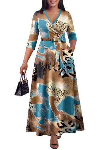 Image of FANDEE Plus Size Maxi Dress for Women Casual Summer Sundress V-Neck 3 /4 Sleeve