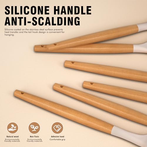 Silicone Cooking Utensils Set - AVGPD Silicone Kitchen Utensils for Cooking Wooden Handles, 446°F Heat Resistant Kitchen Utensil Spatula Sets w Holder, Gadgets for Non-Stick Cookware BPA FREE (Khaki) by AVGPD - Image 7
