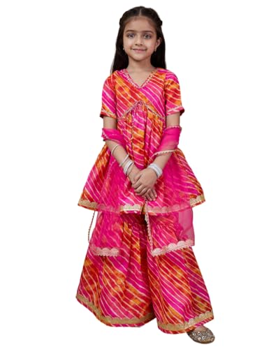 Pspeaches Girl's Cotton Blend 1 Kurti, 1 Sharara, 1 Dupatta (Sha-Magentastripe-7-8Y_Magenta