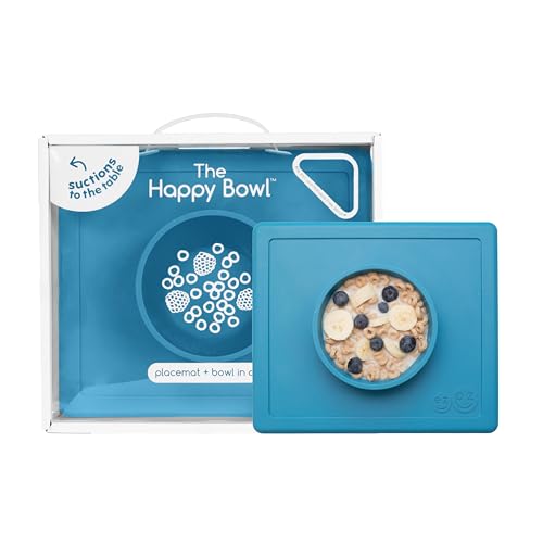Image of ezpz Happy Bowl - 24 Months + (Blue) - 100% Silicone Suction Bowl with Built-in Placemat – Dishwasher Safe