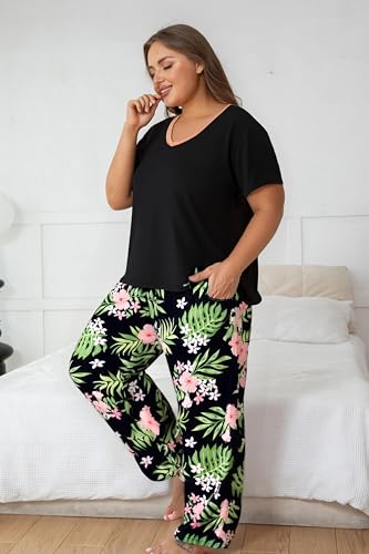 Image of Vozanet Women's Pajama Sets Short Sleeve with Long Pant Soft Sleepwear Printed pj Loungewear With TWO Pockets Size 1X to 5X
