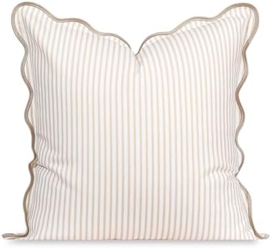 Hofdeco Premium Coastal Patio Indoor Outdoor Scalloped Throw Pillow Cover Only, 20"x20" Water Repellent for Backyard, Couch, Neutral Tan Print Stripes
