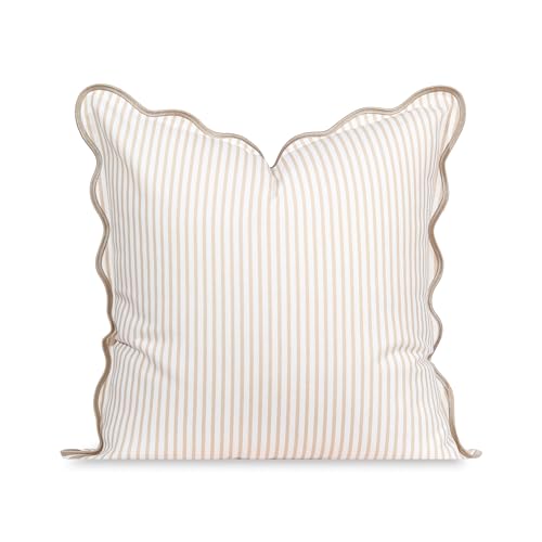 Image of Hofdeco Premium Coastal Patio Indoor Outdoor Scalloped Throw Pillow Cover Only, 20"x20" Water Repellent for Backyard, Couch, Neutral Tan Print Stripes