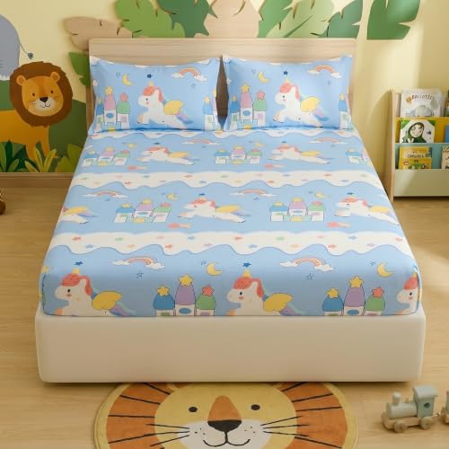 Image of Filymore Unicorn Double Bedsheet for Kids Bed, Queen Size 90x90 Inches, Soft Microfiber Cartoon Bedsheet for Girls & Boys, 240 TC Kids Bed Sheet with Cute Unicorn Print for Bedroom Decor, Blue