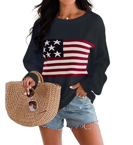 Image of Dressmine Womens American Flag Knit Sweater Crew Neck Long Sleeve Pullover | Casual Loose Graphic Outfits, Fall Sweatshirts, Trendy Clothes, Cute Patriotic Shirt, 2026 Cozy Elasticity Winter Tops