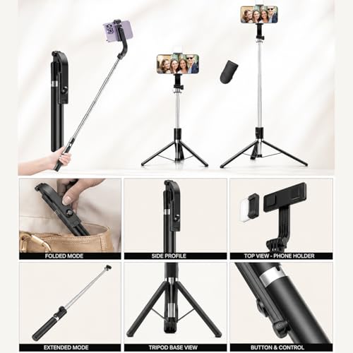 Image of Gismo LED Selfie Stick with Bluetooth Remote, Extendable Phone Holder, 360 Rotating Mount, Foldable Vlogging Accessory for iPhone & Android, Travel, Reels, Live Streaming, Photography- Black