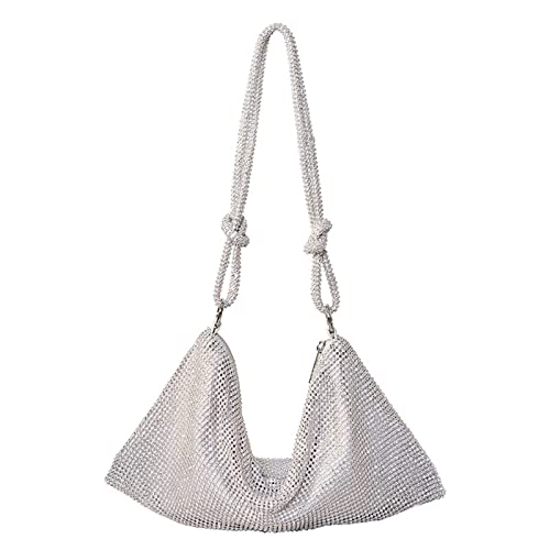 Bolso de hombro con diamantes de imitación de color sólido femenino brillante hecho a mano para fiesta reunión banquete de boda, Silver