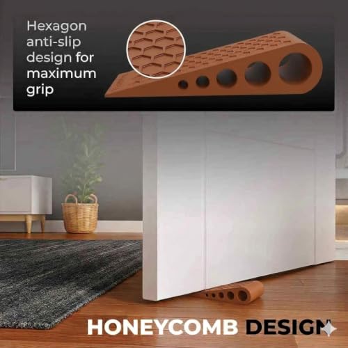 Image of Door Stoppers for Bottom of Door Premium Floor Rubber Door Stop Wedge Made in USA Heavy Duty Honeycomb Design for Carpet, Tile, Ideal for Home, School, Commercial,Coffee 6 Pack