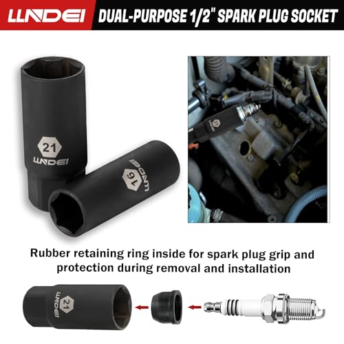 Image of LLNDEI 1 /2 inch Drive Deep Impact Socket Set, 37 Piece Standard SAE 3 /8 inch to 1-1 /4 inch | Metric 8 to 24mm, Includes Spark Plug Socket (16, 21mm), CR-MO Universal Joint, Extension Bars and Adapter