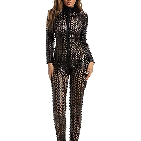 KBOPLEMQ Damen Wetlook Lack Leder Hose Einteilige Unterwäsche Sexy Dessous Top Hot Pants Clubwear Latex Catsuit Overall Jumpsuit Reißverschluss Nachtwäsche Einteiler Hosenanzug Cover