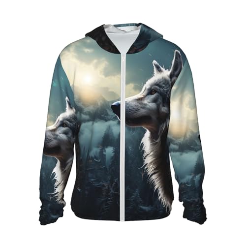 UPF 50+ Sun Protection Hoodie Long Sleeve Wolf at Night Sun Shirt Rash Guard Fishing Shirts for Men