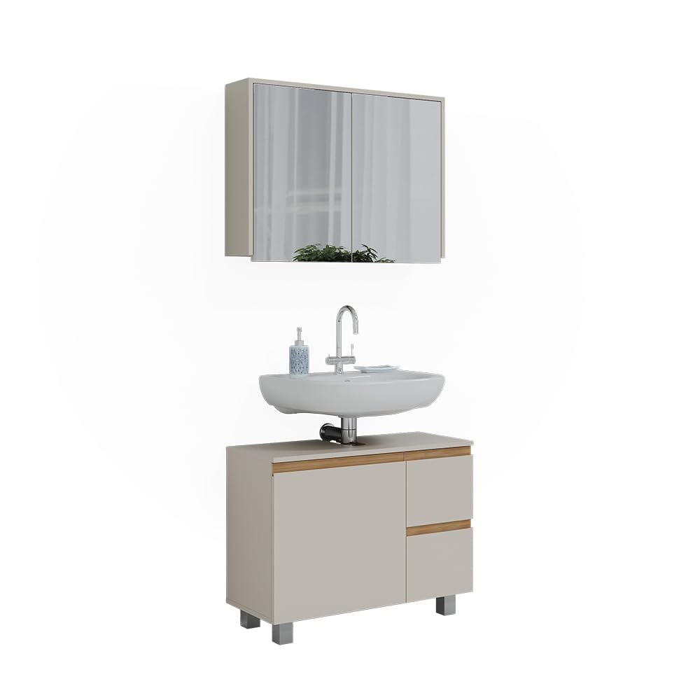 Vicco Set di mobili da bagno J-Shape, Cashmere/Artigianale, 80 cm | composto da specchio da bagno e mobile sottolavabo