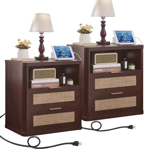 LEYAOYAO Rattan Nightstands Set of 2 with Charger Station, 23" Wide Boho Night Stand with 2 Drawers, Bedside Table Open Shlef, Bed Side End Table Dresser for Bedroom, Living Room Hallway, Wa
