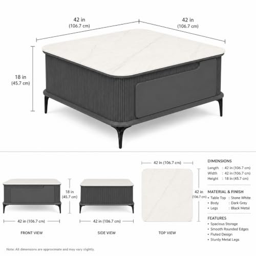 Image of WOODEN SPACE Premium Solo Marble-Top Wooden Center Table for Living Room | Iron Legs | PVD Coating | Modern Entryway Furniture | Coffee Table (Dark Grey, 42x42x18 Inch)