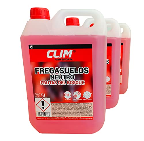 Clim Profesional Fregasuelos Biodegradable de PH Neutro Válido para Todo Tipo de Suelos (Terrazo, Tarima, Mármol, Cerámica, Epoxi) y con Agradable Aroma a Frutos del Bosque. (Pack 3 Garrafas de 5L)