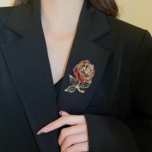 Image of YOQUCOL Elegant Cubic Zirconia Crystal Rhinestone Red Rose Shape Brooch Pin for Women Grils