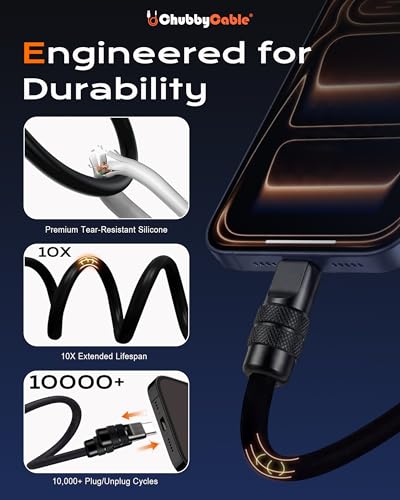 Image of chubbycable Black Chubby Black Samurai Edition 120W USB C Cable Fast Charging Cable Durable Silicone Charger Cord Compatible with iPhone 17-15 Series iPad MacBook Airpods, USB A to Type C, 9.8FT