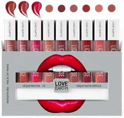 Love Earth Liquid Mousse Lipstick 2.O Matte Finish Combo Kit | Lightweight, Non-Sticky, Non-Drying, Transferproof, Waterproof Set | Multicolor Mini Liquid – (2ml x 9) 18ml